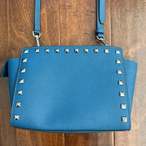 Michael Kors Blue Trapezoid Crossbody Bag with Studded Detailing - Picture 8 of 16